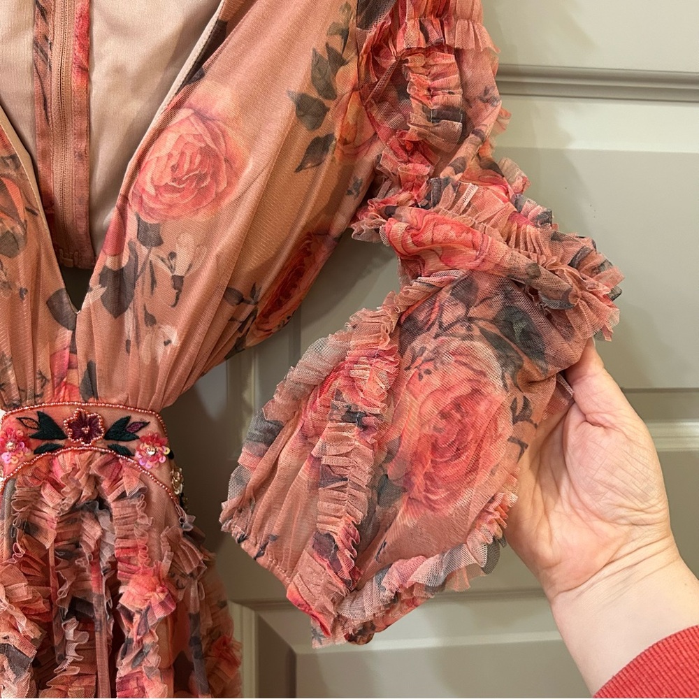 NWT A9151 Mac Duggal Rose Floral Ruffle Cutout Mini Dress Long Sleeve - Picture 6 of 10